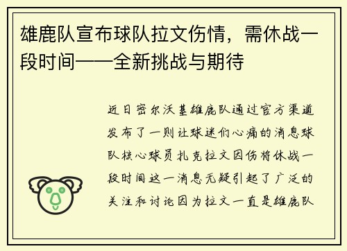 雄鹿队宣布球队拉文伤情，需休战一段时间——全新挑战与期待